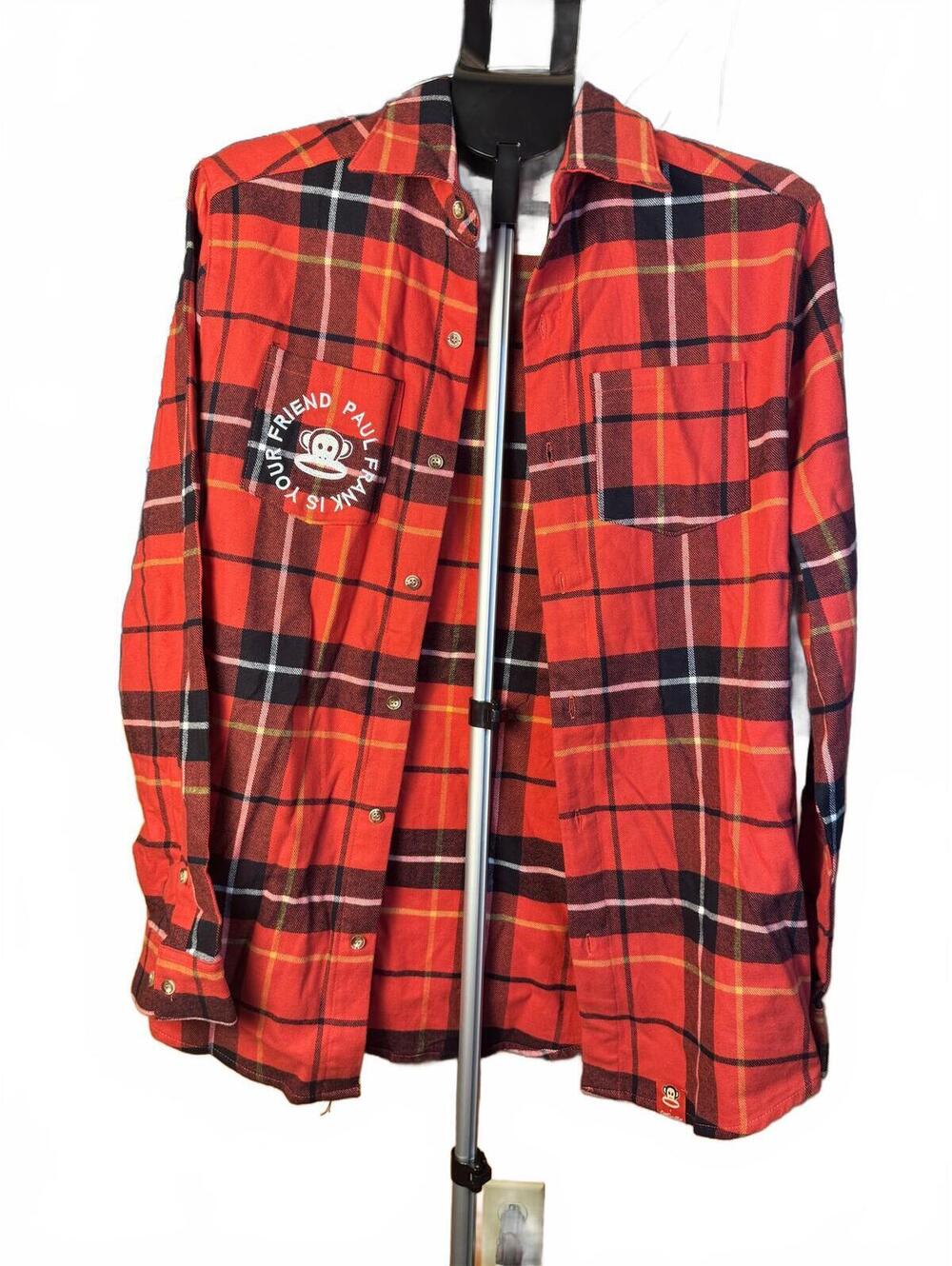 New NWT sz M Paul Frank Red Plaid Button Up Shirt Monkey Cakeworthy - Picture 2 of 2